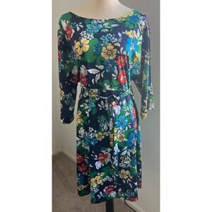 Vibrant Retro Floral Multicolor 3/4 Slit Sleeves Tie Waist MIDI Dress Sz XL